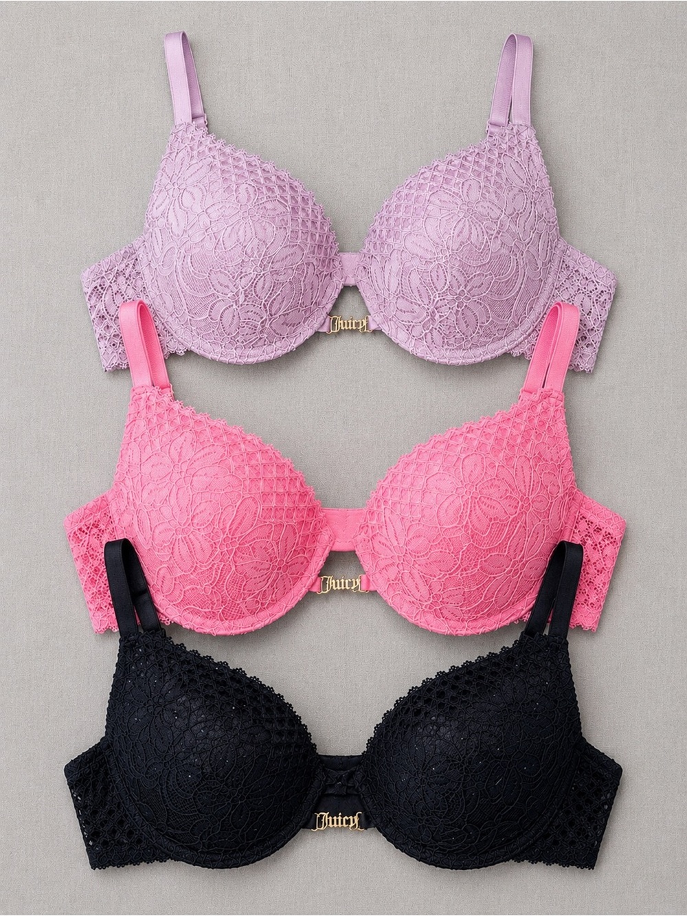 Juicy Couture Bundle (3) Lace Push-Up Bra Trio in Lavender, Pink & Black